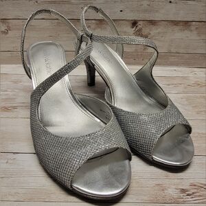 Kelly & Katie Mandy Silver Sparkle Slingback Open Toed Heels - Women's Size 7